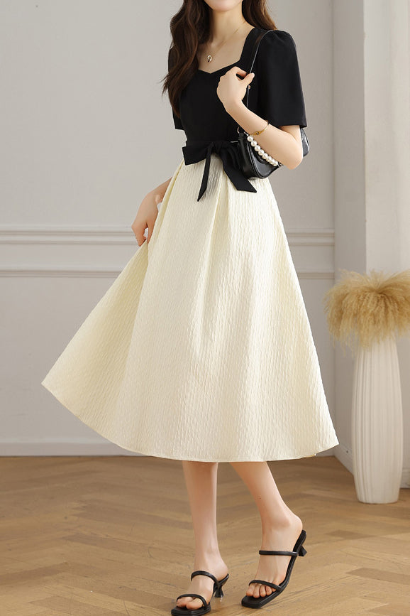 Bi-Color Square Neck Tie-Belted Flare Dress with Lining - liwisi