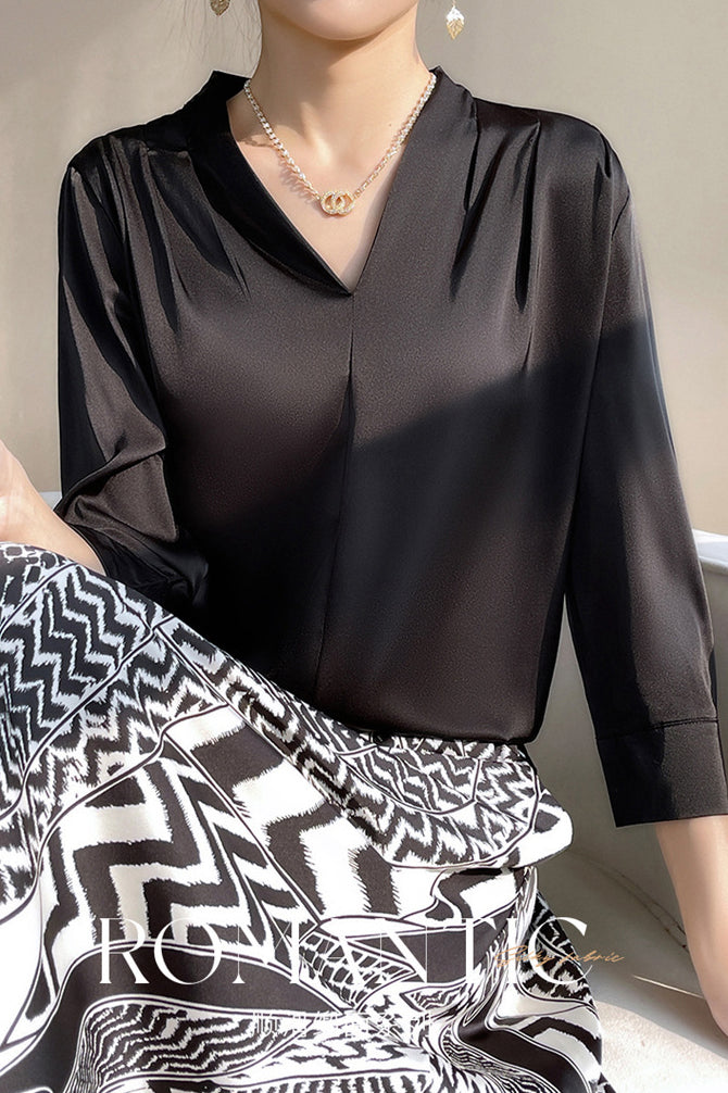 V-Neck Front Tuck Satin Blouse - 5 Colors Available - liwisi