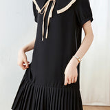 Peter Pan Collar Pleats Contrast Puff Dress - liwisi