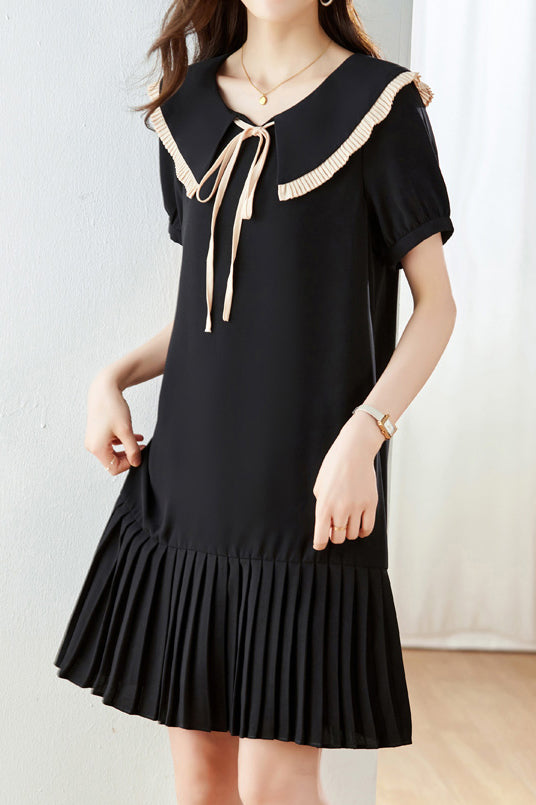 Peter Pan Collar Pleats Contrast Puff Dress - liwisi