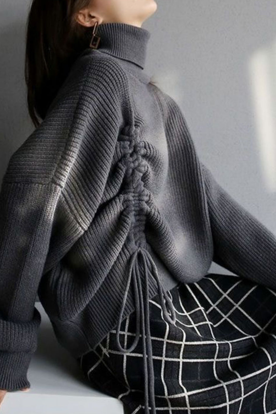 Two-Piece Set: Turtle Neck Side Lace-Up Knit + Fringe Decor Check Pattern Long Knit Skirt - 2 Colors Available - liwisi