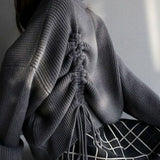 Two-Piece Set: Turtle Neck Side Lace-Up Knit + Fringe Decor Check Pattern Long Knit Skirt - 2 Colors Available - liwisi