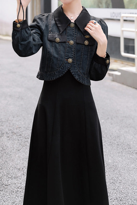 Two-Piece Set: Stand Collar Wrap Jacket + Casual Long Dress - 2 Colors Available - liwisi