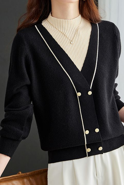 Contrast - color fake two - piece knitted sweater - liwisi