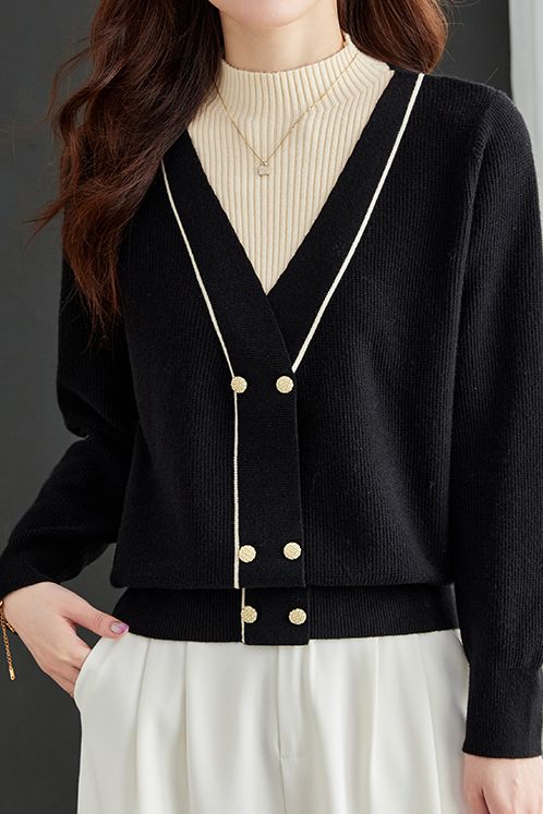 Contrast - color fake two - piece knitted sweater - liwisi