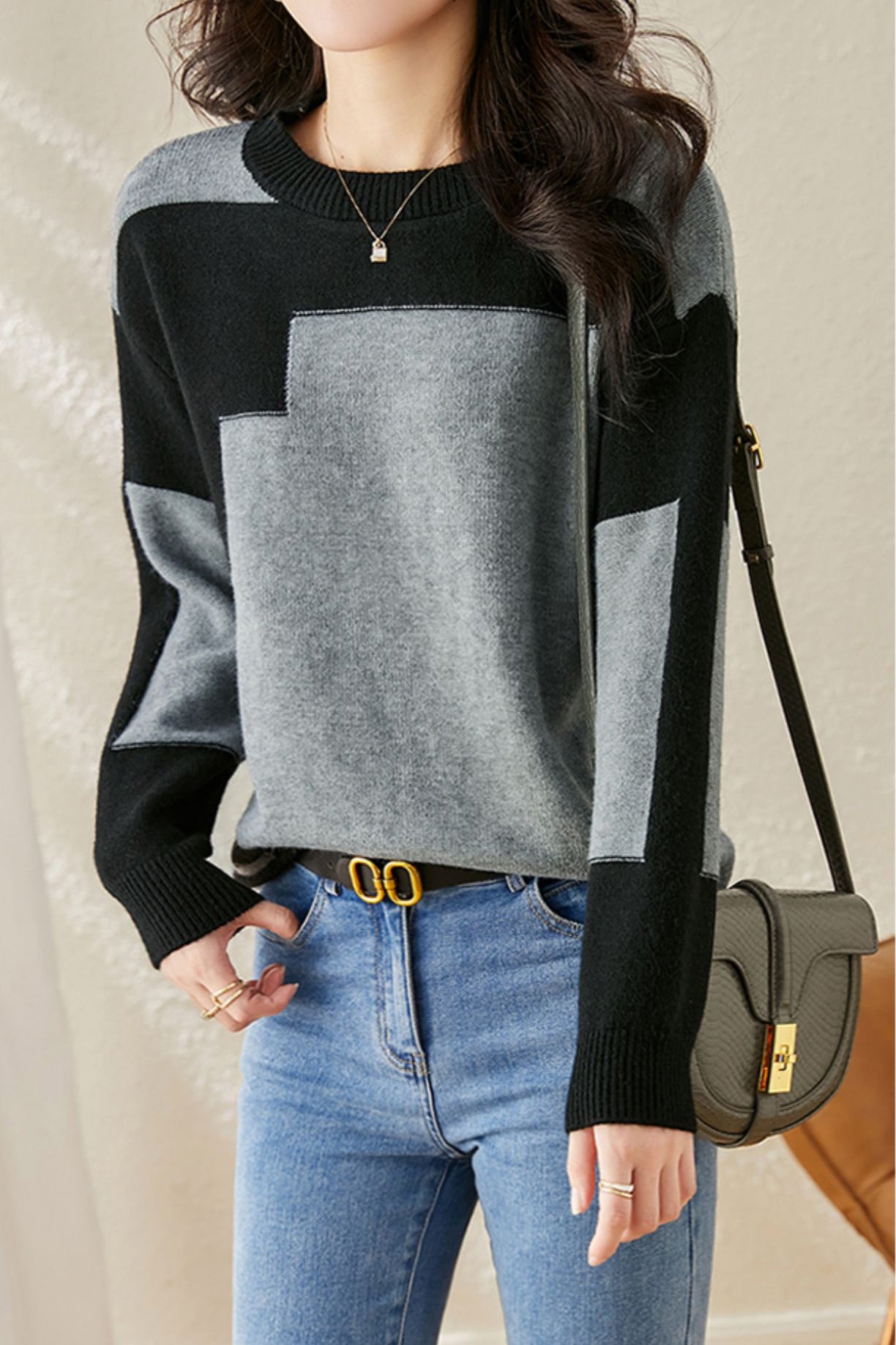 Casual Comfortable Dual-Tone Crew Neck Knit Sweater - liwisi