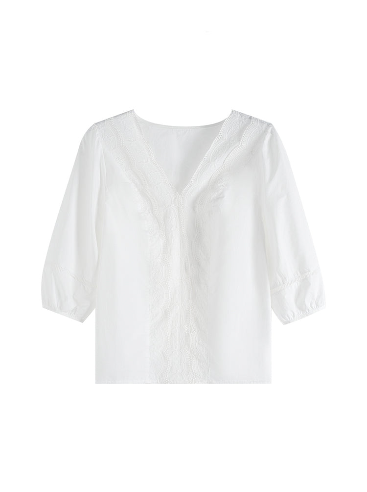 Scalloped V-Neck Embroidered Lace Contrast Puff Blouse - liwisi