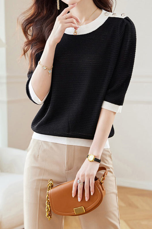 Bi-Color Hem Button Decor Knit Top - 3 Colors Available - liwisi