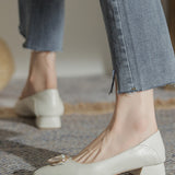 パールシェル装飾ローヒールパンプス 3色入 - liwisi