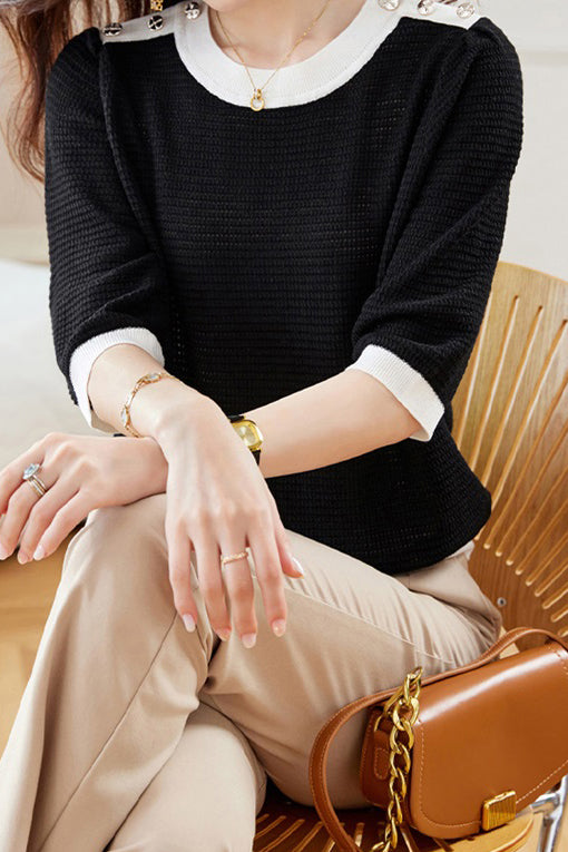 Bi-Color Hem Button Decor Knit Top - 3 Colors Available - liwisi