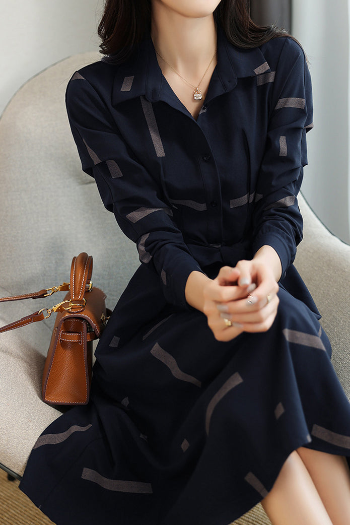 Geometric Print Croissant Sleeve Flare Shirt Dress - liwisi
