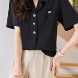 Lapel Collar Double Pocket Short Sleeve Blouse - liwisi