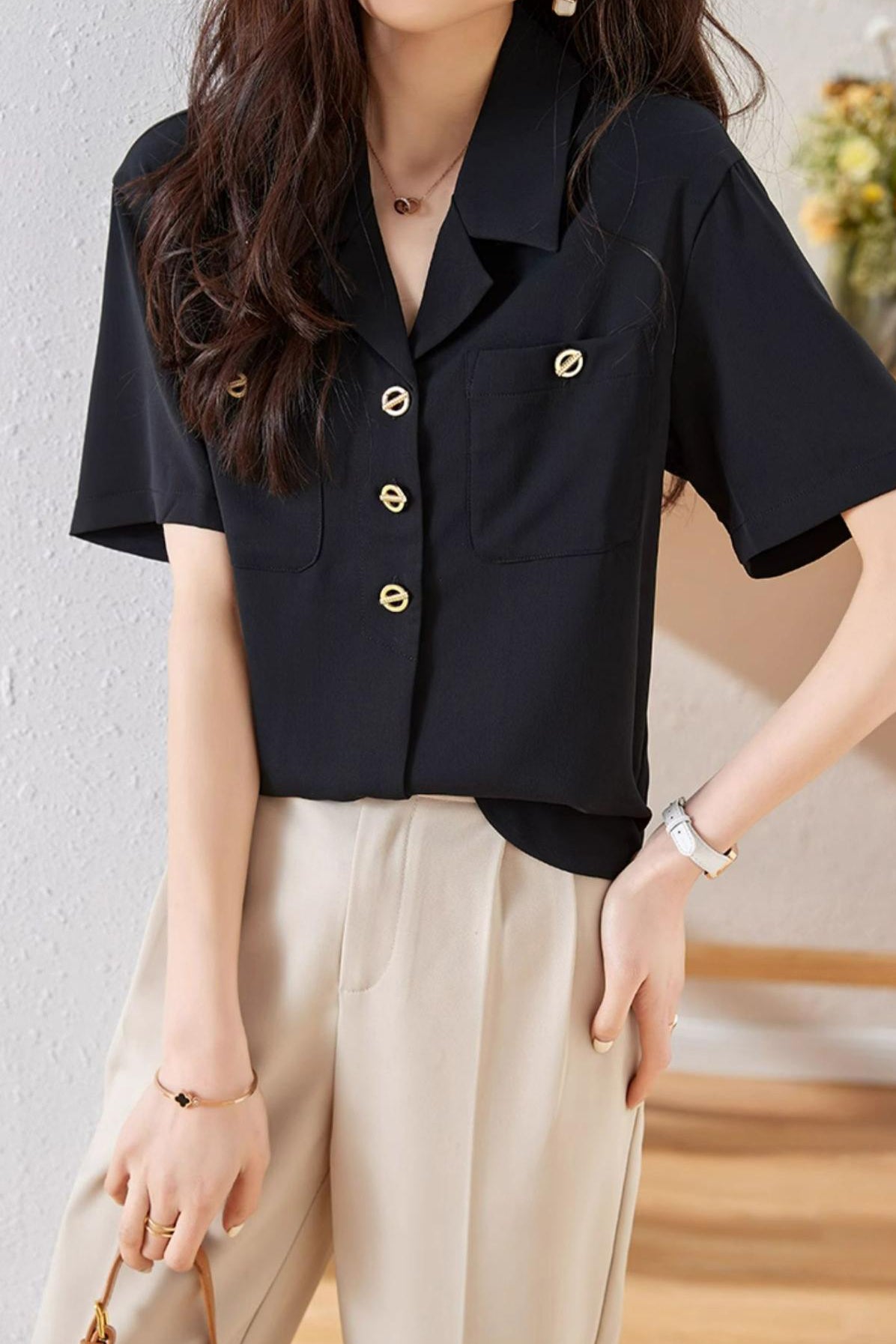 Lapel Collar Double Pocket Short Sleeve Blouse - liwisi