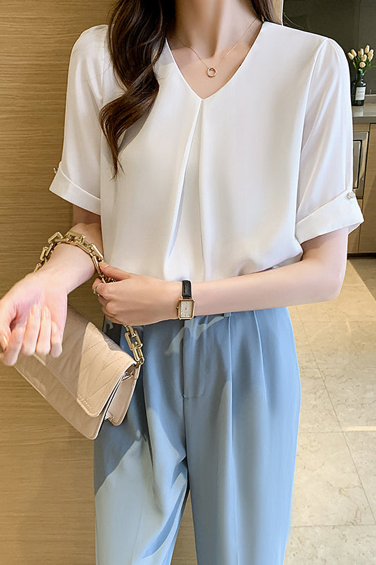 V-Neck Front Tuck-In Short Sleeve Blouse - 2 Colors Available - liwisi