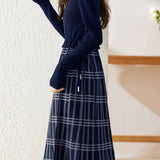 Drawstring Check Contrast Knit Dress - 2 Colors Available - liwisi