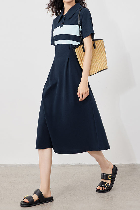 Polo Collar Striped Contrast Long Flare Dress - 2 Colors Available - liwisi