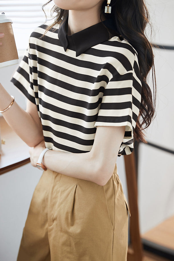 Polo Collar Striped Drop Shoulder Shirt - liwisi