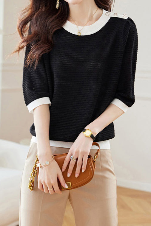 Bi-Color Hem Button Decor Knit Top - 3 Colors Available - liwisi