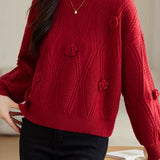 Elegant Loose Lantern Sleeve 3D Flower Pullover Sweater - liwisi