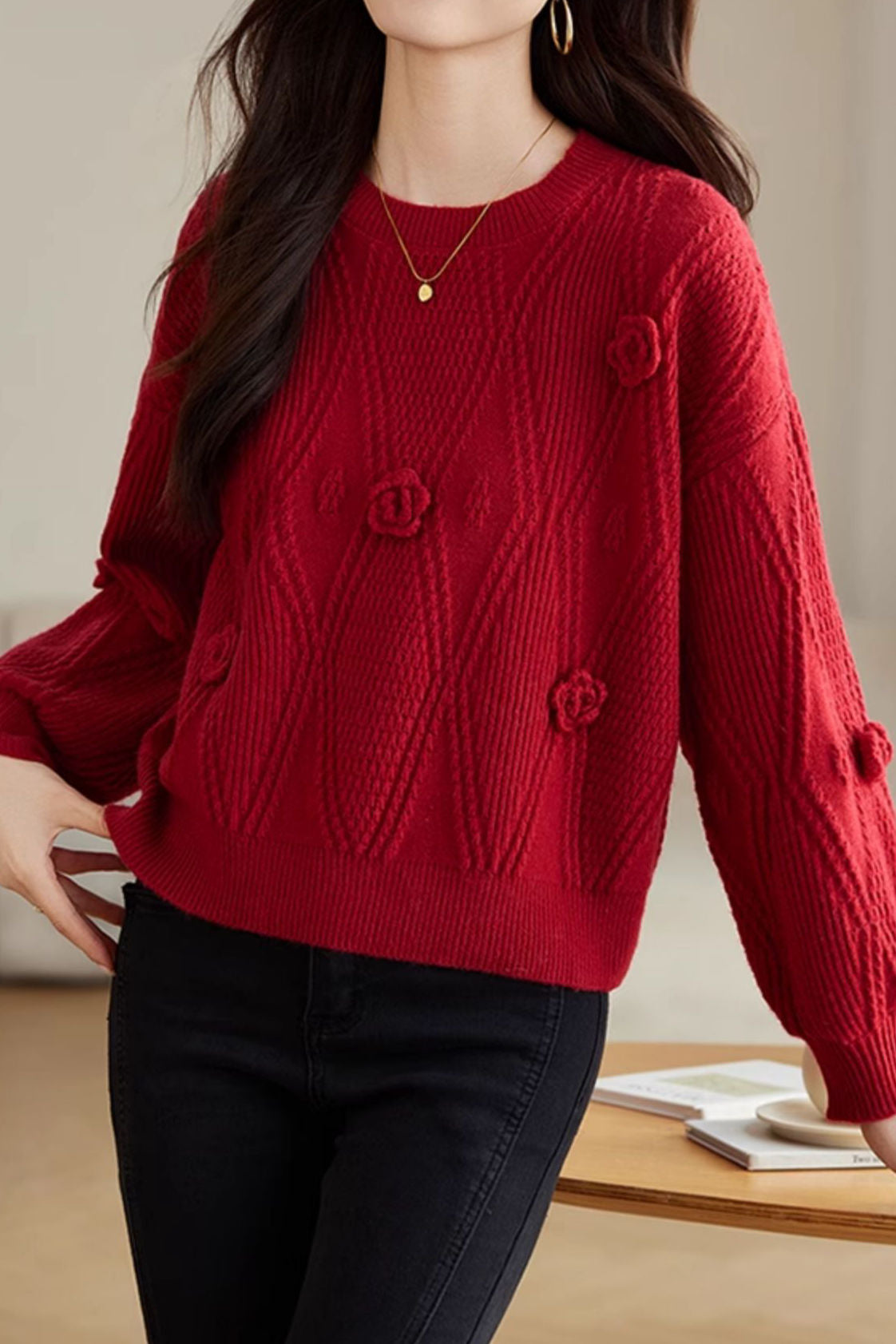 Elegant Loose Lantern Sleeve 3D Flower Pullover Sweater - liwisi