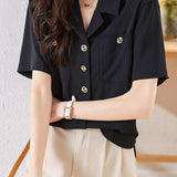 Lapel Collar Double Pocket Short Sleeve Blouse - liwisi