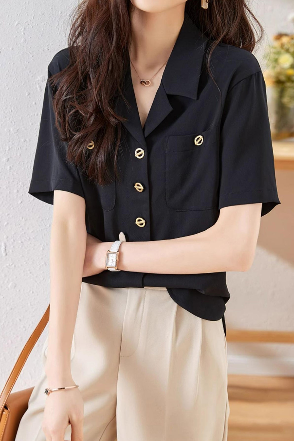 Lapel Collar Double Pocket Short Sleeve Blouse - liwisi