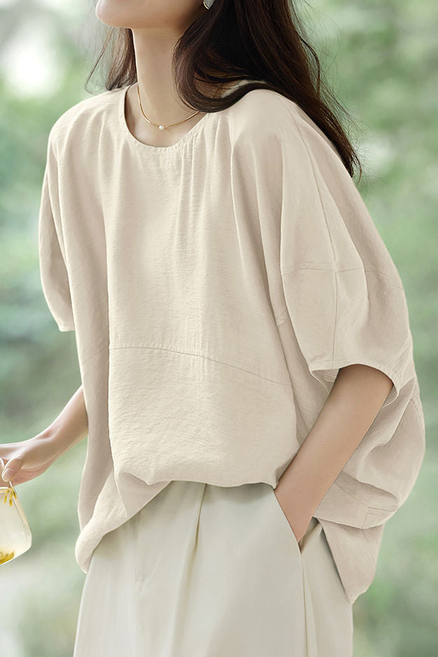 Solid Color Textured Drop Shoulder Bat Sleeve Shirt - liwisi