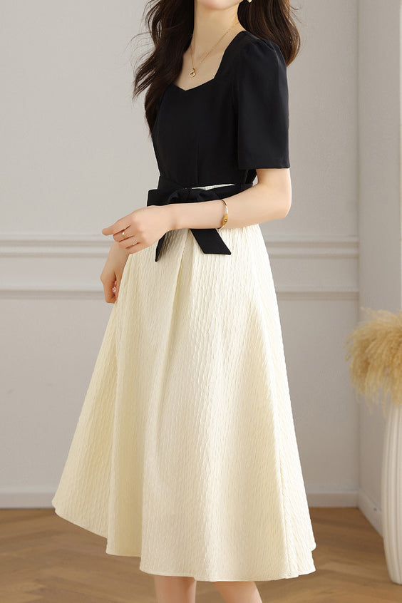Bi-Color Square Neck Tie-Belted Flare Dress with Lining - liwisi