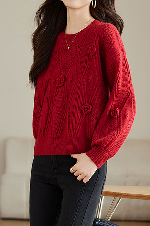Elegant Loose Lantern Sleeve 3D Flower Pullover Sweater - liwisi