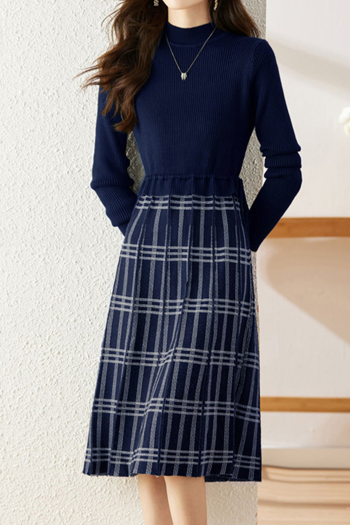 Drawstring Check Contrast Knit Dress - 2 Colors Available - liwisi