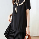 Peter Pan Collar Pleats Contrast Puff Dress - liwisi