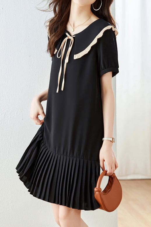 Peter Pan Collar Pleats Contrast Puff Dress - liwisi