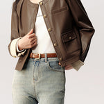 ラウンドネックシンプルレザージャケット 裏地付 2色入 - liwisi