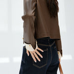 ラウンドネックシンプルレザージャケット 裏地付 2色入 - liwisi