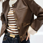 ラウンドネックシンプルレザージャケット 裏地付 2色入 - liwisi