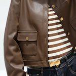 ラウンドネックシンプルレザージャケット 裏地付 2色入 - liwisi