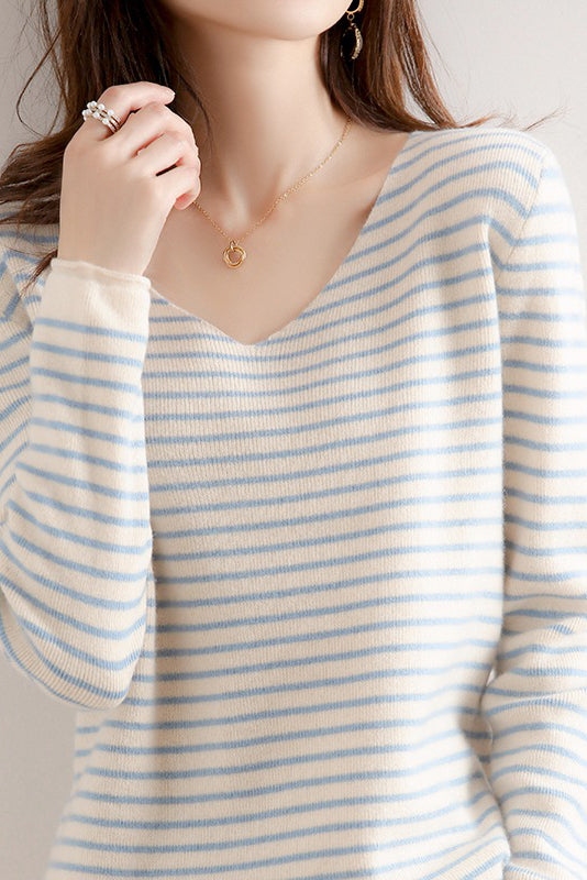 Striped Contrast V-Neck Knit Top - 6 Colors Available - liwisi