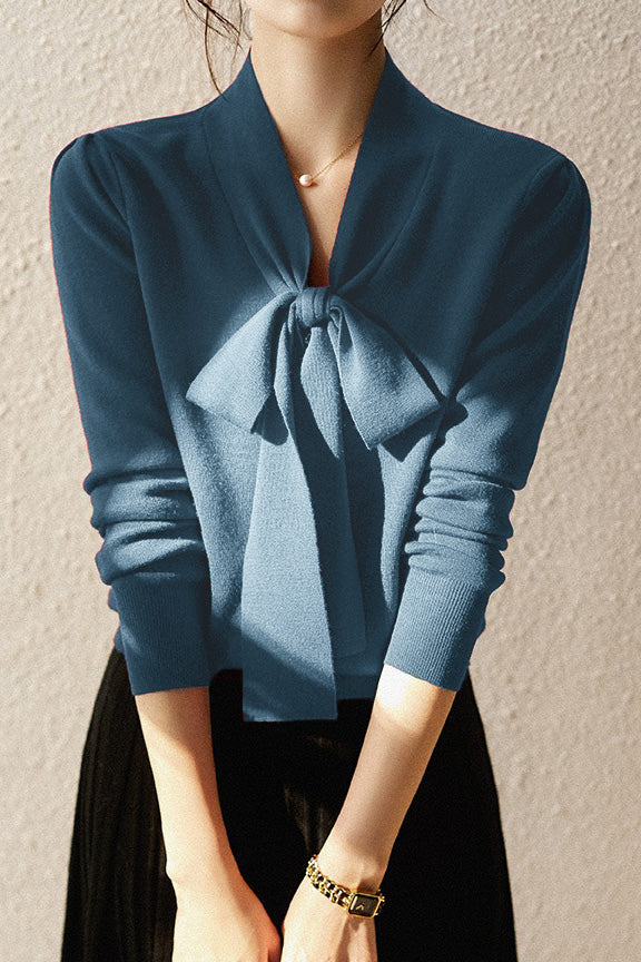 V-Neck Ribbon Tie Wool-Like Knit - 5 Colors Available - liwisi