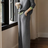 Casual Color-Block Trim Knitted Cardigan & Pants 2-Piece Set