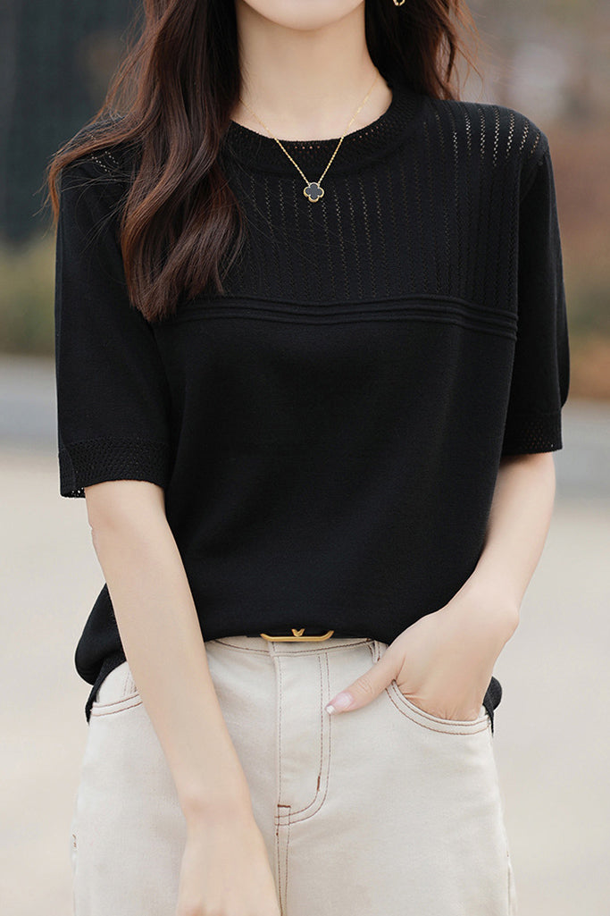 Round Neck Openwork Knit Top - 5 Colors Available - liwisi