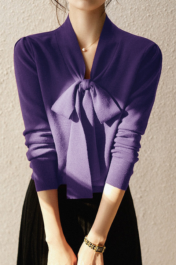 V-Neck Ribbon Tie Wool-Like Knit - 5 Colors Available - liwisi