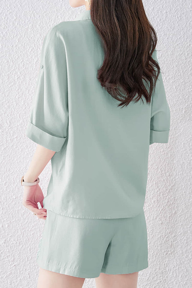 Button-up short sleeve shirt with waist tie pleated shorts set - liwisi