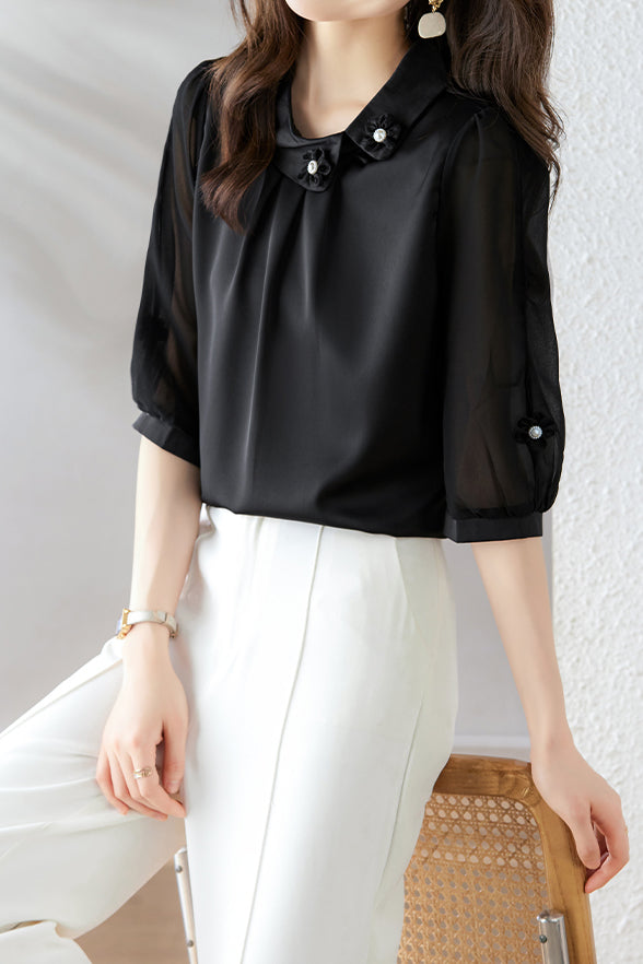 Diagonal Shirt Collar 3D Flower Pearl Decor Satin Blouse - 2 Colors Available - liwisi