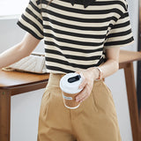 Polo Collar Striped Drop Shoulder Shirt - liwisi