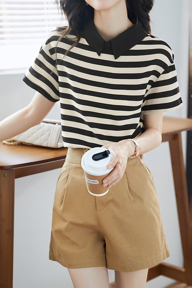 Polo Collar Striped Drop Shoulder Shirt - liwisi