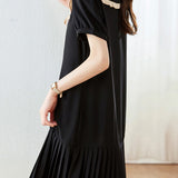 Peter Pan Collar Pleats Contrast Puff Dress - liwisi