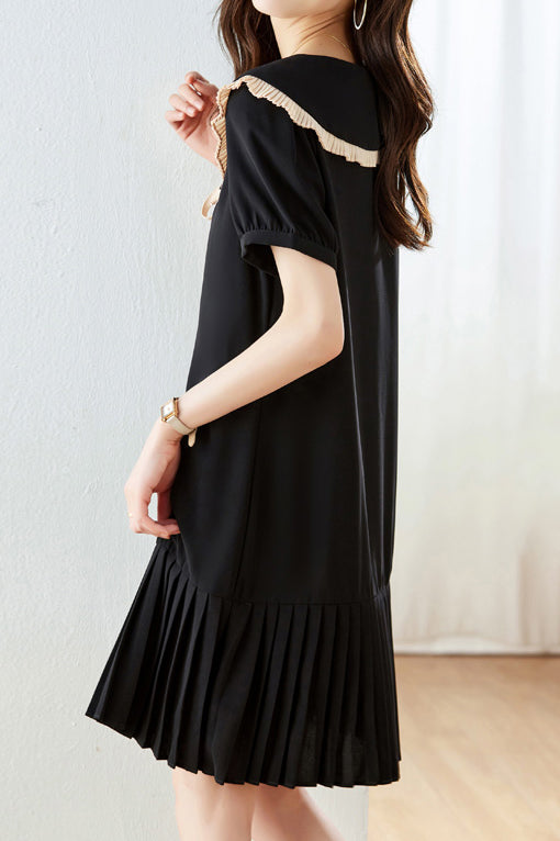 Peter Pan Collar Pleats Contrast Puff Dress - liwisi