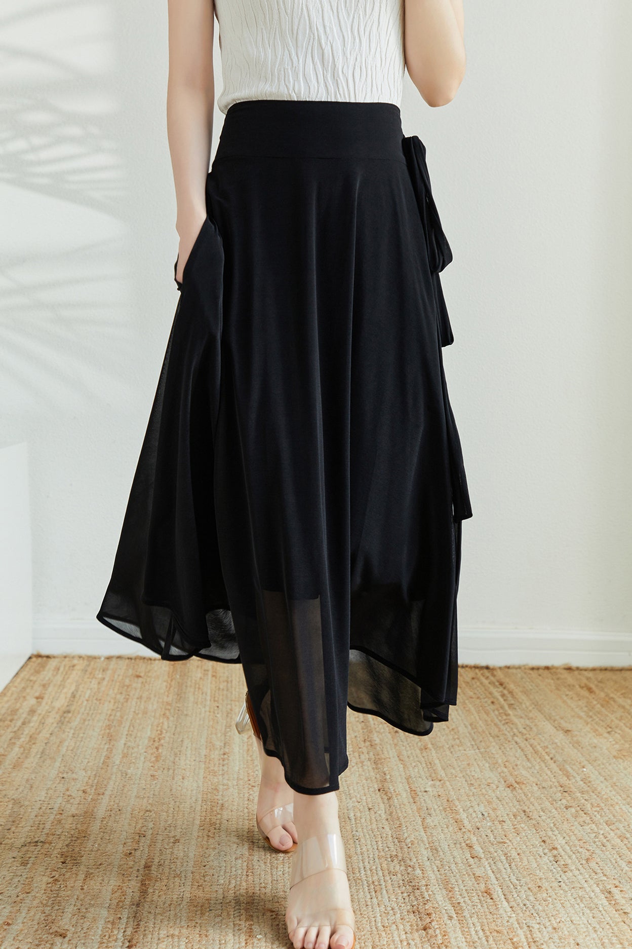 Side Ribbon Belt Long Flare Sheer Skirt with Lining - liwisi