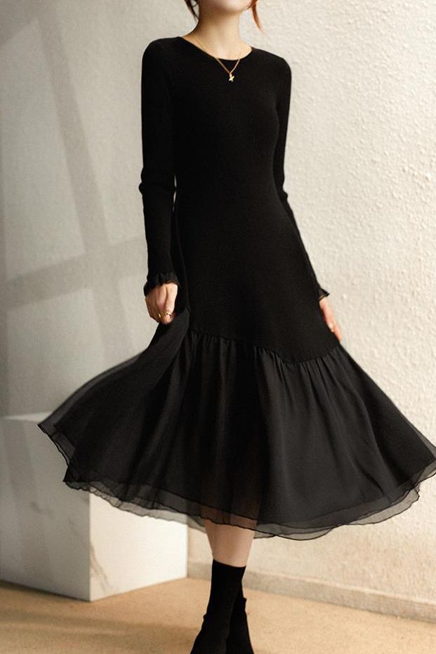 Color Block Slim Fit Faux Wool Dress - liwisi