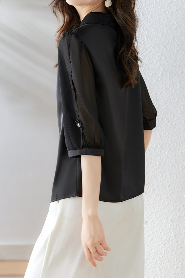 Diagonal Shirt Collar 3D Flower Pearl Decor Satin Blouse - 2 Colors Available - liwisi